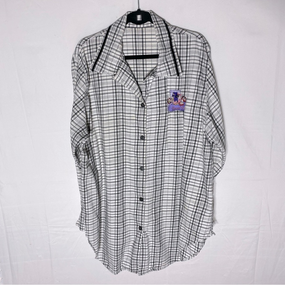 Vintage Disney Black White Plaid Embroidered Epcot ‘99 Button Down Pajama Shirt